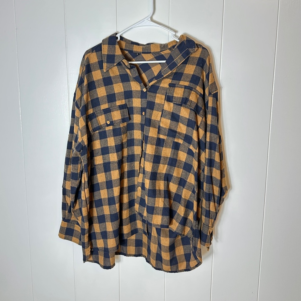 SHEIN Blue and Tan Plaid Button Down Shirt